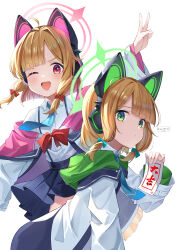 Rule 34 | 2girls, absurdres, animal ear headphones, animal ears, black skirt, blonde hair, blue archive, blue necktie, blush, bow, cat tail, closed mouth, collared shirt, fake animal ears, fingernails, green bow, green eyes, green halo, hair bow, halo, headphones, highres, jacket, long sleeves, looking at viewer, midori (blue archive), momoi (blue archive), multiple girls, necktie, one eye closed, open mouth, pink halo, pleated skirt, red bow, red eyes, shirt, short hair, siblings, simple background, sisters, skirt, smile, tail, twins, white background, white jacket, white shirt, zino zinuo