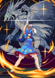 Rule 34 | 1girl, animal ears, black background, bloomers, blue dress, blue hair, card, character request, commentary, crescent print, crossover, dress, full body, green eyes, highres, holding, holding card, long hair, looking at viewer, open mouth, rabbit ears, rabbit girl, rabbit tail, red eyes, rioku, seiran (touhou), short sleeves, socks, solo, star (symbol), star print, tail, touhou, underwear, white socks, yu-gi-oh!