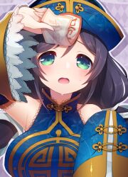 Rule 34 | 1girl, argyle, argyle background, bare shoulders, black hair, blue hat, blue sky, blue sleeves, blush, breasts, character request, chinese clothes, collared shirt, commentary request, copyright request, detached sleeves, floral print, frilled sleeves, frills, green eyes, hair ribbon, hat, holding ofuda, jiangshi, lace, lace-trimmed collar, lace-trimmed shirt, lace-trimmed sleeves, lace trim, large breasts, long hair, looking at viewer, low-tied long hair, ofuda, ofuda on head, open mouth, outline, purple background, ribbon, shadow, shirt, simple background, sky, sleeveless, sleeveless shirt, solo, sweat, upper body, usamata, white outline, white ribbon, wide sleeves