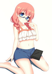 Rule 34 | 1girl, absurdres, amano miu, bare arms, bare shoulders, barefoot, bikini, bikini top only, black-framed eyewear, blend s, blue eyes, blue skirt, blush, braid, breasts, cleavage, closed mouth, collarbone, drawing tablet, finger to cheek, frilled bikini, frilled bikini top, frills, glasses, hair between eyes, hair over shoulder, head tilt, highres, looking at viewer, low twintails, medium breasts, midriff, miniskirt, navel, red hair, semi-rimless eyewear, sidelocks, simple background, sitting, skirt, smile, solo, stylus, swimsuit, thighs, twin braids, twintails, under-rim eyewear, wariza, white background, white bikini, xiaosamiao