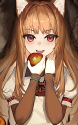 Rule 34 | 1girl, :d, animal ear fluff, animal ears, apple, blunt bangs, blush, brown hair, brown shirt, cine (wazd0183), commentary, commission, dress, english commentary, eyelashes, fangs, food, fruit, hands up, happy, highres, holding, holding food, holding fruit, holo, long hair, long sleeves, looking at viewer, mixed-language commentary, open mouth, pixiv commission, puffy short sleeves, puffy sleeves, red eyes, round teeth, shirt, short sleeves, sidelocks, simple background, smile, solo, spice and wolf, straight-on, straight hair, teeth, tsurime, upper body, upper teeth only, very long hair, white shirt, wolf ears, wolf girl