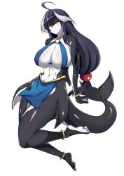 Rule 34 | 1girl, ahoge, anklet, bare shoulders, barefoot, black hair, black skin, blush, bracelet, breasts, cetacean tail, closed mouth, colored skin, commentary, dream demon, fins, fish tail, full body, huge breasts, jewelry, long hair, looking at viewer, low-tied long hair, monster girl, multicolored hair, multicolored skin, o-ring, o-ring top, original, pelvic curtain, simple background, solo, streaked hair, tail, thighs, white background, white skin, yellow eyes