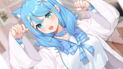 Rule 34 | 1girl, animal ear fluff, animal ears, arms up, blonde hair, blue bow, blue bowtie, blue collar, blue eyes, blue hair, blue nails, blurry, blurry background, blush, bow, bowtie, breasts, cabinet, cat ears, chinese commentary, coat, collar, commentary request, crop top, highres, indoors, kongbai, large breasts, multicolored hair, nail polish, open mouth, picture frame, plaid, plaid bow, plaid bowtie, shirt, short hair, streaked hair, teeth, television, upper body, upper teeth only, virtopia club, virtual youtuber, white coat, white shirt