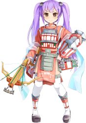 Rule 34 | 1girl, arrow (projectile), bowgun, emerane, full body, holding, holding weapon, long hair, looking at viewer, oshiro project:re, oshiro project:re, purple hair, quiver, smile, solo, taga (oshiro project), thighhighs, transparent background, twintails, very long hair, weapon, white thighhighs, yellow eyes