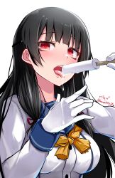 Rule 34 | 1girl, absurdres, baileys (tranquillity650), black hair, blue sailor collar, blush, buttons, food, gloves, highres, holding, holding food, isokaze (kancolle), kantai collection, long hair, long sleeves, open mouth, red eyes, sailor collar, school uniform, serafuku, simple background, solo, tongue, tongue out, upper body, white background, white gloves