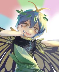 Rule 34 | 1girl, blue hair, blush, butterfly wings, eternity larva, hand on own face, hidden star in four seasons, insect wings, leaf clothing, looking at viewer, short hair, solo, touhou, wings, wreath, yellow eyes, zeikomi