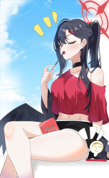 1girl alternate_costume black_choker black_shorts black_wings blue_archive choker dolphin_shorts doodle_sensei_(blue_archive) feathered_wings food halo highres holding holding_food holding_pocky ichika_(blue_archive) kanimiso30601 low_wings navel off_shoulder pocky red_halo sensei_(blue_archive) shorts solo wings