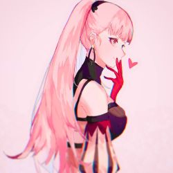 Rule 34 | 1girl, brinaa sama, closed mouth, earrings, fire emblem, fire emblem: three houses, from side, gloves, heart, hilda valentine goneril, jewelry, long hair, nintendo, pink eyes, pink hair, ponytail, red gloves, simple background, solo, upper body