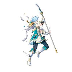 Rule 34 | 1boy, armor, blue hair, clenched teeth, damaged, feather trim, fingerless gloves, fire emblem, fire emblem fates, fire emblem heroes, gloves, gold trim, hair over one eye, holding, holding polearm, holding weapon, light blue hair, male focus, nintendo, official alternate costume, official art, polearm, shigure (fire emblem), shigure (resplindent) (fire emblem), short hair, shoulder armor, solo, teeth, torn clothes, vambraces, weapon, white background, white footwear, white gloves, yellow eyes
