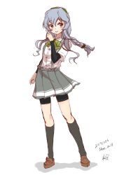 Rule 34 | 1girl, absurdres, arm warmers, bike shorts, black shorts, bow, bowtie, braid, full body, green hairband, grey eyes, hairband, highres, kantai collection, kneehighs, loafers, long hair, looking at viewer, neve (morris-minicooper), pleated skirt, shirt, shoes, shorts, sidelocks, silver hair, simple background, single braid, skirt, socks, solo, standing, suspenders, wavy hair, white background, white shirt, yamagumo (kancolle)