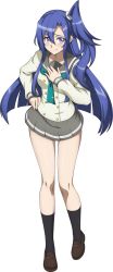 Rule 34 | 1girl, absurdres, black socks, blue hair, blush, brown footwear, buttons, chuunioniika, commentary, commission, cosplay, double-breasted, english commentary, full body, green neckerchief, grey sailor collar, grey skirt, hand on own chest, highres, kazanari tsubasa, kneehighs, loafers, long hair, long sleeves, looking at viewer, love live!, love live! sunshine!!, neckerchief, one side up, pleated skirt, purple eyes, sailor collar, school uniform, senki zesshou symphogear, serafuku, shoes, simple background, skirt, socks, solo, standing, transparent background, uranohoshi school uniform, white background