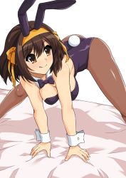 Rule 34 | 1girl, all fours, animal ears, ass, black bow, black bowtie, black leotard, black pantyhose, bow, bowtie, breasts, brown eyes, brown hair, commentary, commentary request, detached collar, english commentary, haruhisky, highres, leotard, looking back, medium breasts, mixed-language commentary, pantyhose, playboy bunny, rabbit ears, rabbit tail, short hair, simple background, solo, strapless, strapless leotard, suzumiya haruhi, suzumiya haruhi no yuuutsu, tail, white background, wrist cuffs