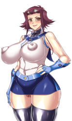 Rule 34 | 1girl, alternate breast size, alternate costume, bare shoulders, blush, breasts, brown eyes, cameltoe, cleft of venus, covered erect nipples, curvy, fingerless gloves, gloves, hair ornament, hajime shindo, hand on own hip, huge breasts, izayoi aki, looking at viewer, miniskirt, multicolored clothes, nipples, obelisk blue uniform, panties, red hair, red panties, revealing clothes, shiny clothes, shiny skin, short hair, skirt, smile, solo, standing, underwear, uniform, wide hips, yellow eyes, yu-gi-oh!, yu-gi-oh! 5d&#039;s, yu-gi-oh! gx