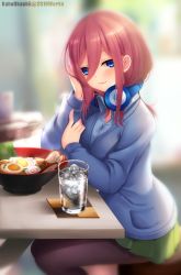Rule 34 | 1girl, absurdres, artist name, blue cardigan, blue eyes, breasts, brown hair, cardigan, closed mouth, commentary, food, glass, go-toubun no hanayome, hair between eyes, headphones, headphones around neck, highres, indoors, kaho okashii, large breasts, legs, long sleeves, looking at viewer, medium hair, nakano miku, pantyhose, shirt, sitting, skirt, smile, solo, table, thighs, water