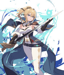 Rule 34 | 1girl, bare shoulders, black gloves, blonde hair, blue capelet, blue eyes, bow, breasts, capelet, cleavage, coattails, cross, cross earrings, detached collar, detached sleeves, earrings, eruthika, genshin impact, gloves, hair between eyes, hair bow, high ponytail, highres, holding, holding sword, holding weapon, jean (genshin impact), jewelry, large breasts, multicolored capelet, open mouth, pants, standing, sword, tight clothes, tight pants, weapon, white background, white pants