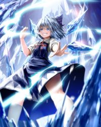 Rule 34 | 1girl, aqua eyes, blue dress, blue eyes, blue hair, blue ribbon, bow, cirno, dress, feet out of frame, from below, hair bow, hand up, highres, ice, ice wings, miniskirt, red ribbon, ribbon, ryosios, shirt, short hair, short sleeves, skirt, smile, teeth, thighhighs, touhou, white shirt, white thighhighs, wing collar, wings