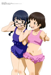 Rule 34 | 2girls, absurdres, bikini, blue hair, blue one-piece swimsuit, blush, braid, brown eyes, brown hair, collarbone, cowboy shot, glasses, highres, long hair, megami magazine, mou ippon!, multiple girls, navel, official art, one-piece swimsuit, open mouth, pink bikini, pointing, sasaki rika (artist), scan, short hair, simple background, sonoda michi, standing, stomach, swimsuit, takigawa sanae, teeth, twin braids, upper teeth only, white background