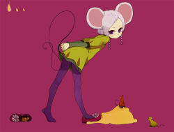 Rule 34 | 1girl, animal ears, braid, cheese, food, ichikawa, mouse (animal), mouse ears, original, pantyhose, purple eyes, purple pantyhose, solo, tail