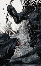 Rule 34 | 2girls, blood, bloodborne, bridal veil, closed mouth, commentary, dagger, drenched-in-sunlight, dress, english commentary, highres, holding, holding dagger, holding knife, holding weapon, knife, mergo&#039;s wet nurse, multiple girls, pale skin, scythe, v-shaped eyebrows, veil, weapon, wedding dress, white background, white hair, yharnam phtumerian queen