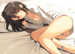 Rule 34 | 1girl, ass, bare legs, bed, between legs, black hair, blush, bottomless, breasts, cleavage, clenched hand, collarbone, dated, dutch angle, feet out of frame, female focus, hand between legs, kinta (distortion), long hair, looking at viewer, lying, medium breasts, naked shirt, on bed, on side, open clothes, open shirt, original, panties, panties around leg, unworn panties, pillow, red eyes, shiny skin, shirt, sidelocks, signature, small breasts, solo, underwear