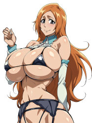 1girl alternate_eye_color bare_shoulders bleach bleach:_sennen_kessen-hen breasts collarbone detached_sleeves female_focus highres inoue_orihime large_breasts lingerie long_hair looking_at_viewer orange_hair parted_bangs shiny_skin simple_background smile underwear white_background yxyyxy