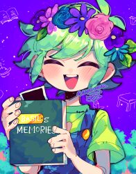 Rule 34 | 1boy, antenna hair, artist name, basil (headspace) (omori), basil (omori), blue flower, blue overalls, blush, book, buttons, closed eyes, facing viewer, flower, green hair, green shirt, hair between eyes, head wreath, holding, holding book, omori, open mouth, outdoors, overalls, photo (object), pink flower, purple flower, purple sky, repikinoko, shirt, short hair, sky, solo, teeth, tree, upper body, upper teeth only