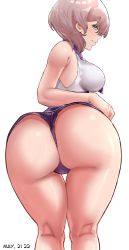 Rule 34 | 1girl, ass, bare shoulders, blue eyes, blush, breasts, brown hair, from behind, genm7, gridman universe, highres, huge ass, large breasts, looking at viewer, looking back, looking down, mujina, shiny clothes, shiny skin, short hair, short shorts, shorts, sideboob, smile, solo, ssss.dynazenon, thick thighs, thighs