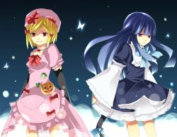 Rule 34 | 2girls, blonde hair, blue hair, bow, bug, butterfly, cat tail, dress, elbow gloves, frederica bernkastel, gloves, hair bow, hair ornament, hairclip, hanazuka reina, hat, insect, jewelry, lambdadelta, multiple girls, necklace, pink hat, purple eyes, red eyes, tail, umineko no naku koro ni