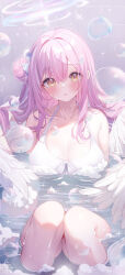 Rule 34 | 1girl, angel wings, bare shoulders, bath, bathing, bathroom, blue archive, blurry, blush, bow, breasts, bubble, bubble bath, deyui, feathered wings, flower, hair bun, hair flower, hair ornament, halo, highres, large breasts, long hair, looking at viewer, mika (blue archive), paid reward available, parted lips, partially submerged, pink hair, single side bun, sitting, soap bubbles, solo, swimsuit, thighs, water, wet, white wings, wings, yellow eyes