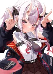 Rule 34 | 1girl, belt, breasts, commentary request, earrings, fang, grey hair, hair between eyes, hair ornament, highres, hololive, horns, jacket, jewelry, long hair, looking at viewer, medium breasts, nakiri ayame, nakiri ayame (streetwear), necktie, red eyes, shinka (yonkun121), skin-covered horns, sleeveless, smile, solo, twintails, virtual youtuber, white background