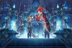 Rule 34 | 1boy, 2boys, alternate costume, armor, boots, bracelet, clenched hand, eye contact, fins, head fins, holding, holding weapon, jewelry, link, looking at another, male focus, multiple boys, nintendo, official alternate costume, palace, polearm, ponytail, rain, sash, scorpion5050, shoulder armor, sidon, smile, standing, the legend of zelda, the legend of zelda: breath of the wild, trident, weapon, wet, zora, zora set (zelda)