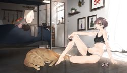 Rule 34 | 1girl, arm support, bare shoulders, barefoot, bed, breasts, brown hair, clothes, collarbone, commentary request, curtains, dog, drawing (object), earrings, eyebrows, eyelashes, food, full body, groin, highres, indoors, jewelry, light rays, looking at viewer, midriff, navel, on floor, original, parted lips, picture frame, short hair, sino42, sitting, small breasts, solo, sports bikini, sports bra, stomach, sunbeam, sunlight, toes, utensil in mouth, wooden floor