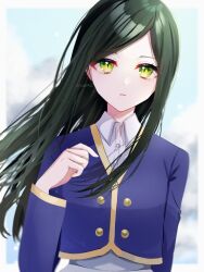Rule 34 | 1girl, blue jacket, buttons, collared shirt, commentary request, cropped jacket, green eyes, green hair, highres, jacket, long hair, long sleeves, mole, mole under mouth, oshi no ko, parted lips, partial commentary, school uniform, shiranui frill, shirt, solo, szmymsz, twitter username, white shirt, youtou high school uniform
