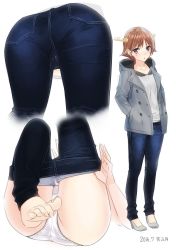 Rule 34 | 10s, 1girl, 2016, :o, ama mitsuki, ass, barefoot, bent over, blue pants, blush, bra, breasts, brown hair, close-up, coat, collarbone, dated, denim, feet, from behind, full body, grey bra, grey coat, grey footwear, hands in pockets, headgear, hiei (kancolle), high heels, jeans, kantai collection, knees together feet apart, legs up, long hair, long sleeves, lying, multiple views, on back, panties, pants, parted lips, pocket, purple eyes, shirt, shoes, simple background, small breasts, toes, unbuttoned, underboob, underwear, undressing, white background, white panties, white shirt, winter clothes, winter coat