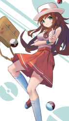 Rule 34 | 1girl, bag, blush, breasts, brown bag, brown hair, closed mouth, commentary request, creatures (company), fantasyismyname, game freak, green (pokemon), green eyes, hat, highres, knees, long hair, nintendo, poke ball, poke ball (basic), pokemon, pokemon adventures, shirt, shoes, skirt, sleeveless, sleeveless shirt, smile, socks, solo, v, white hat, wristband