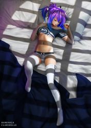 Rule 34 | 1girl, absurdres, bandaid, bandaid on face, bandaid on nose, bed, blanket, bow, breasts, dclaribelle, drooling, highres, indie virtual youtuber, melody (projektmelody), nail polish, navel, open mouth, pillow, ponytail, purple hair, short shorts, shorts, sleeping, small breasts, solo, tank top, thighhighs, underboob, virtual youtuber, vshojo, white shorts