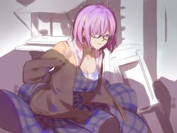 Rule 34 | 1girl, arms behind back, bad id, bad pixiv id, black-framed eyewear, blue dress, breasts, dress, fate/grand order, fate (series), glasses, hair over one eye, hood, hoodie, large breasts, looking at viewer, mash kyrielight, mash kyrielight (senpai killer outfit), official alternate costume, open clothes, open hoodie, outdoors, parted lips, plaid, plaid dress, purple eyes, purple hair, red cucumber, semi-rimless eyewear, shade, short hair, solo, under-rim eyewear