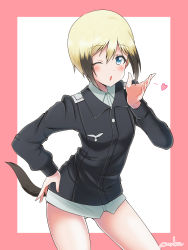 Rule 34 | 1girl, ;o, animal ears, blowing kiss, blue eyes, blush, border, commission, contrapposto, dog ears, dog tail, erica hartmann, hair between eyes, hand on own hip, heart, highres, military, military uniform, miyu (lovesickness), one eye closed, pink border, skeb commission, solo, strike witches, tail, uniform, white background, world witches series