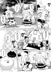 Rule 34 | 10s, 2girls, abyssal ship, acorn, arms up, backpack, bag, bow, chibi, collar, comic, commentary request, enemy aircraft (kancolle), fang, gloves, greyscale, hair bow, hair flaps, hair ornament, hairclip, jewelry, kantai collection, mittens, monochrome, multiple girls, neckerchief, necklace, northern ocean princess, open mouth, randoseru, sako (bosscoffee), scarf, school uniform, serafuku, sitting, sparkle background, star (symbol), thermos, translation request, tree, tree stump, yuudachi (kancolle)
