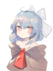 Rule 34 | 1girl, bad id, bad pixiv id, bare shoulders, blue hair, blush, bow, brown shirt, closed mouth, collarbone, commentary request, dokomon, hair between eyes, hair bow, highres, korean commentary, long hair, looking at viewer, off shoulder, original, red eyes, red neckwear, shirt, simple background, sketch, solo, upper body, white background, white bow