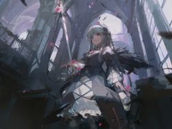 Rule 34 | 1girl, absurdres, blurry, blurry foreground, ciloranko, closed mouth, dress, feathers, flower, grey dress, grey hair, grey hairband, grey ribbon, hairband, highres, holding, holding sword, holding weapon, indoors, layered sleeves, lolita fashion, lolita hairband, long dress, long hair, long sleeves, petals, red eyes, rozen maiden, solo, standing, suigintou, sword, weapon