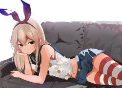 Rule 34 | 1girl, black hairband, black neckerchief, black panties, blonde hair, blue sailor collar, blue skirt, couch, crop top, grey eyes, hairband, highleg, highleg panties, highres, kantai collection, long hair, looking at viewer, lying, microskirt, miniskirt, miron (mirona33), neckerchief, on side, panties, pleated skirt, sailor collar, shimakaze (kancolle), shirt, simple background, skirt, sleeveless, sleeveless shirt, solo, striped clothes, striped thighhighs, thighhighs, underwear, white background
