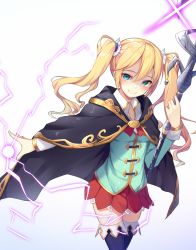 Rule 34 | 1girl, alexmaster, black thighhighs, blonde hair, blue eyes, cape, highres, looking at viewer, magic, original, shaded face, skirt, smile, solo, staff, thighhighs, twintails