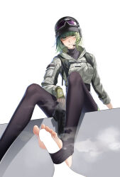 Rule 34 | 1girl, absurdres, arknights, barefoot, ela (arknights), feet, fingerless gloves, footjob, gloves, goggles, green eyes, green hair, highres, light blush, looking at viewer, medium hair, parted lips, shoes, single shoe, soles, steam, stirrup legwear, tactical clothes, toeless legwear, toes, unworn shoes, zhenpiaoliang