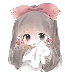 Rule 34 | 1girl, :o, bad id, bad pixiv id, blush, bow, brown eyes, brown hair, cottontailtokki, hair between eyes, hair bow, hair tubes, hakurei reimu, holding, holding pillow, long hair, long sleeves, looking at viewer, open mouth, pillow, red bow, shirt, simple background, sleeves past wrists, solo, touhou, upper body, very long hair, white background, white shirt