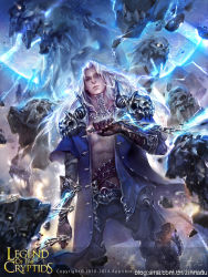 Rule 34 | 1boy, abs, artist name, boots, chain, copyright name, dated, electricity, facial mark, forehead mark, gloves, legend of the cryptids, long hair, male focus, official art, open clothes, open shirt, purple eyes, rock, solo, white hair, zinnadu