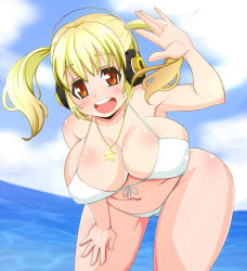 Rule 34 | 1girl, abuno, bent over, bikini, blonde hair, breasts, cleavage, cloud, headphones, huge breasts, jewelry, long hair, looking at viewer, necklace, nitroplus, ocean, open mouth, orange eyes, outdoors, plump, sky, smile, solo, star (symbol), super pochaco, swimsuit, twintails, water, white bikini