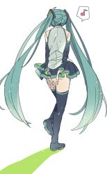 Rule 34 | 1girl, aqua belt, aqua hair, arms behind back, ass, bare shoulders, belt, black footwear, black skirt, boots, detached sleeves, eighth note, facing away, from behind, full body, grey shirt, happy, hatsune miku, light particles, long hair, loose belt, musical note, pleated skirt, shadow, shirt, shoulder blush, simple background, skirt, sleeveless, sleeveless shirt, solo, speech bubble, spoken musical note, standing, standing on one leg, thigh boots, thighhighs, twintails, very long hair, vocaloid, white background, yoshiki, zettai ryouiki