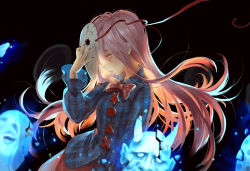 Rule 34 | 1girl, bow, expressionless, hata no kokoro, long hair, long sleeves, mask, mouth mask, oni mask, pink eyes, pink hair, seeker, shirt, solo, touhou, upper body, very long hair, wide sleeves