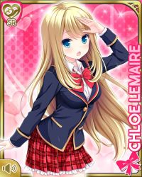 Rule 34 | 1girl, :o, blonde hair, blue eyes, blue jacket, bow, card, character name, chloe lemaire, girlfriend (kari), jacket, long hair, looking to the side, official art, open mouth, pink background, plaid, plaid skirt, qp:flapper, red bow, red neckwear, red skirt, school uniform, shirt, skirt, solo, tagme, white shirt